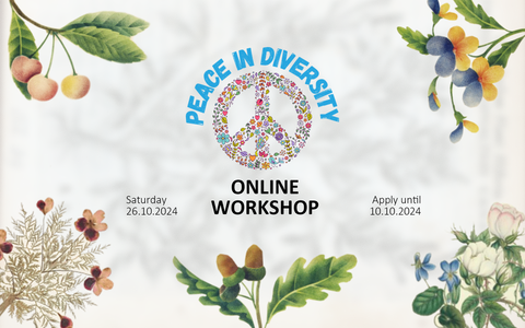 Peace in Diversity workshop, it depicts the Peace in Diversity logo and some flowers and leafs making a frame for the image