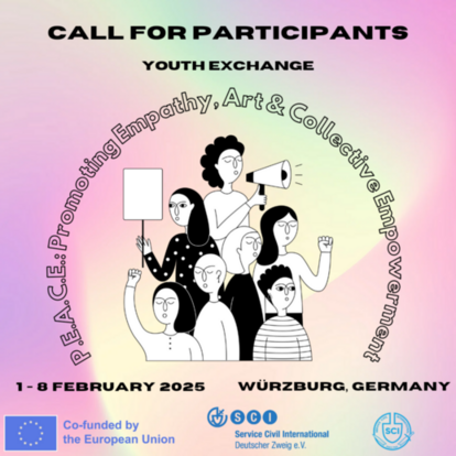 Call for participants thumbnail, it has drawings of people holding signs, it also has information about the event and a gradient background